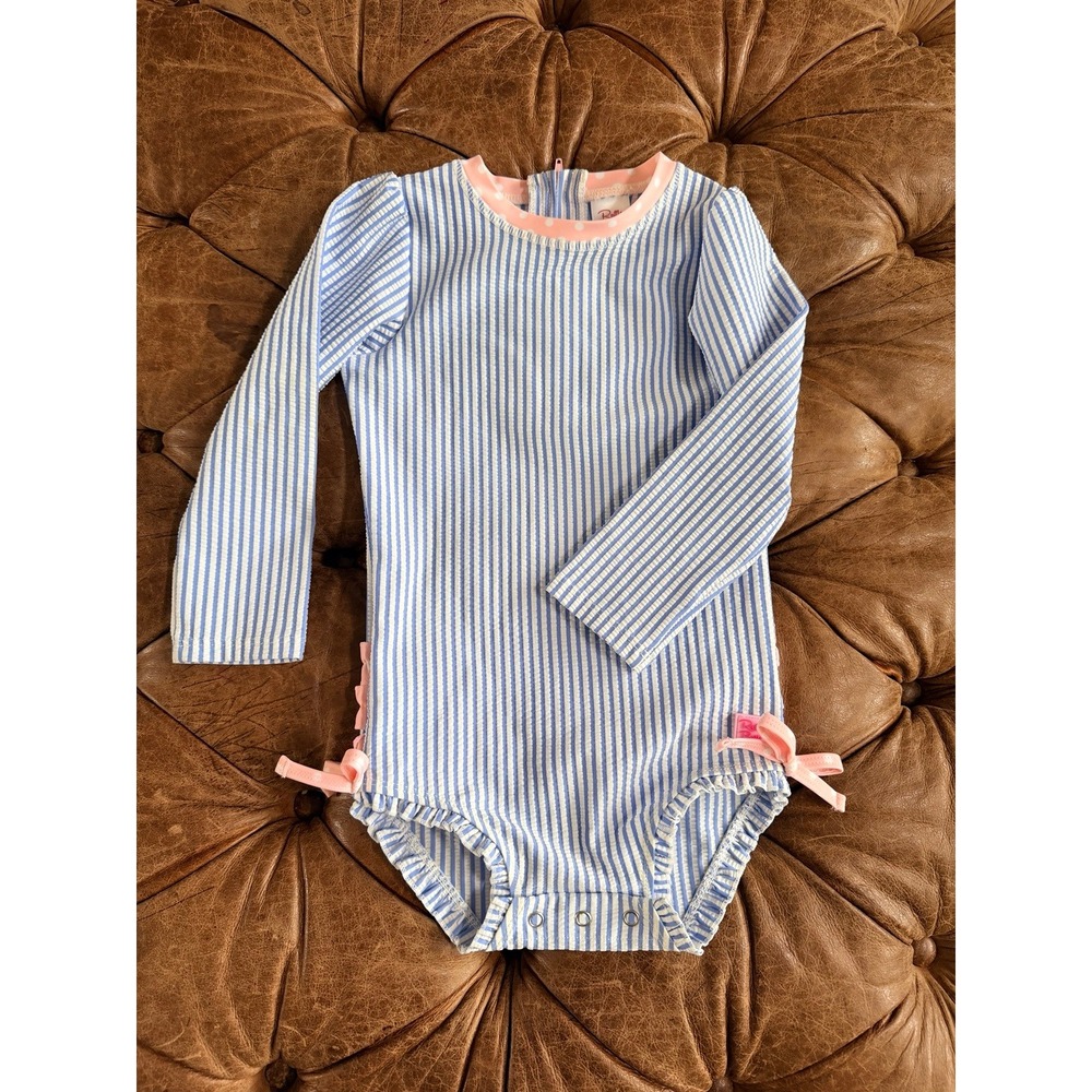 RuffleButts Blue Seersucker Ruffle Rash Guard Swimsuit 3T